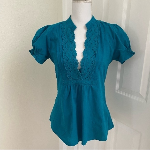 Love on a Hanger Teal Blue Swiss Dot Mock Neck Crochet Front Panel Blouse Sz Lg - Picture 5 of 8